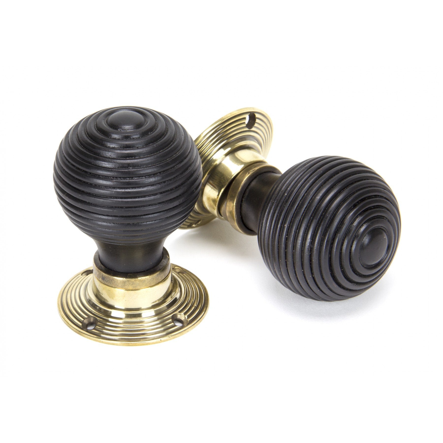 From the Anvil Ebony Mortice/Rim Beehive Knob Set - Aged Brass Roses - No.42 Interiors