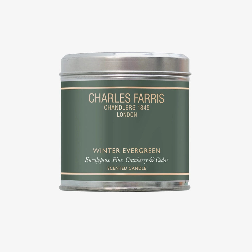 Charles Farris Winter Evergreen Scented Tin Candle | Eucalyptus, Pine, Cranberry & Cedar