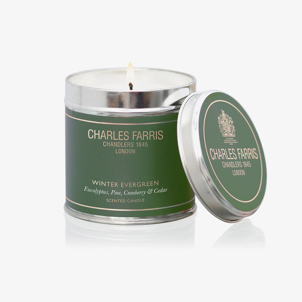 Charles Farris Winter Evergreen Scented Tin Candle | Eucalyptus, Pine, Cranberry & Cedar