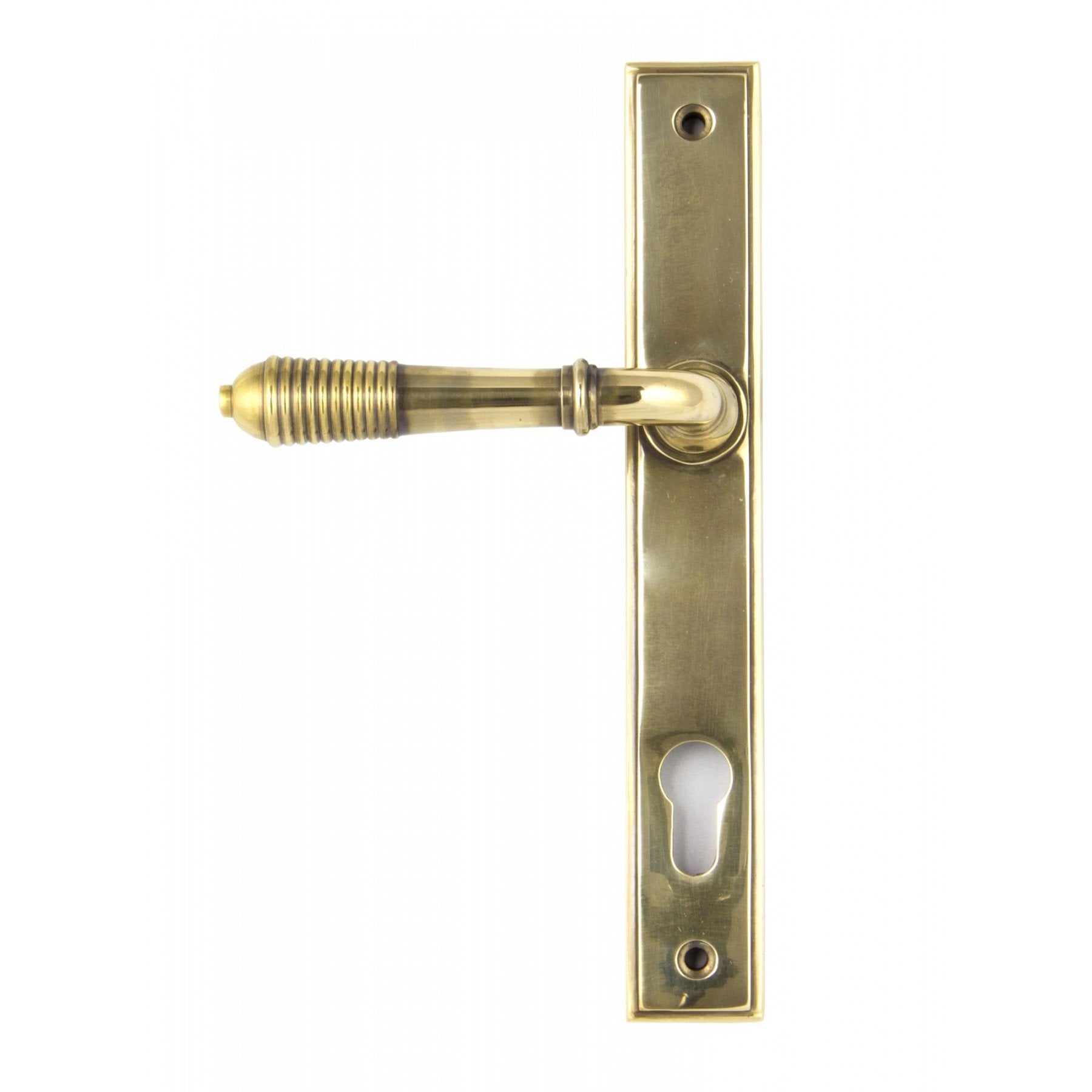 From the Anvil Aged Brass Reeded Slimline Lever Espag. Lock Set - No.42 Interiors