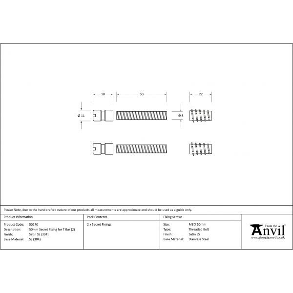 From the Anvil Satin SS (304) 50mm Secret Fixings for T Bar (2)