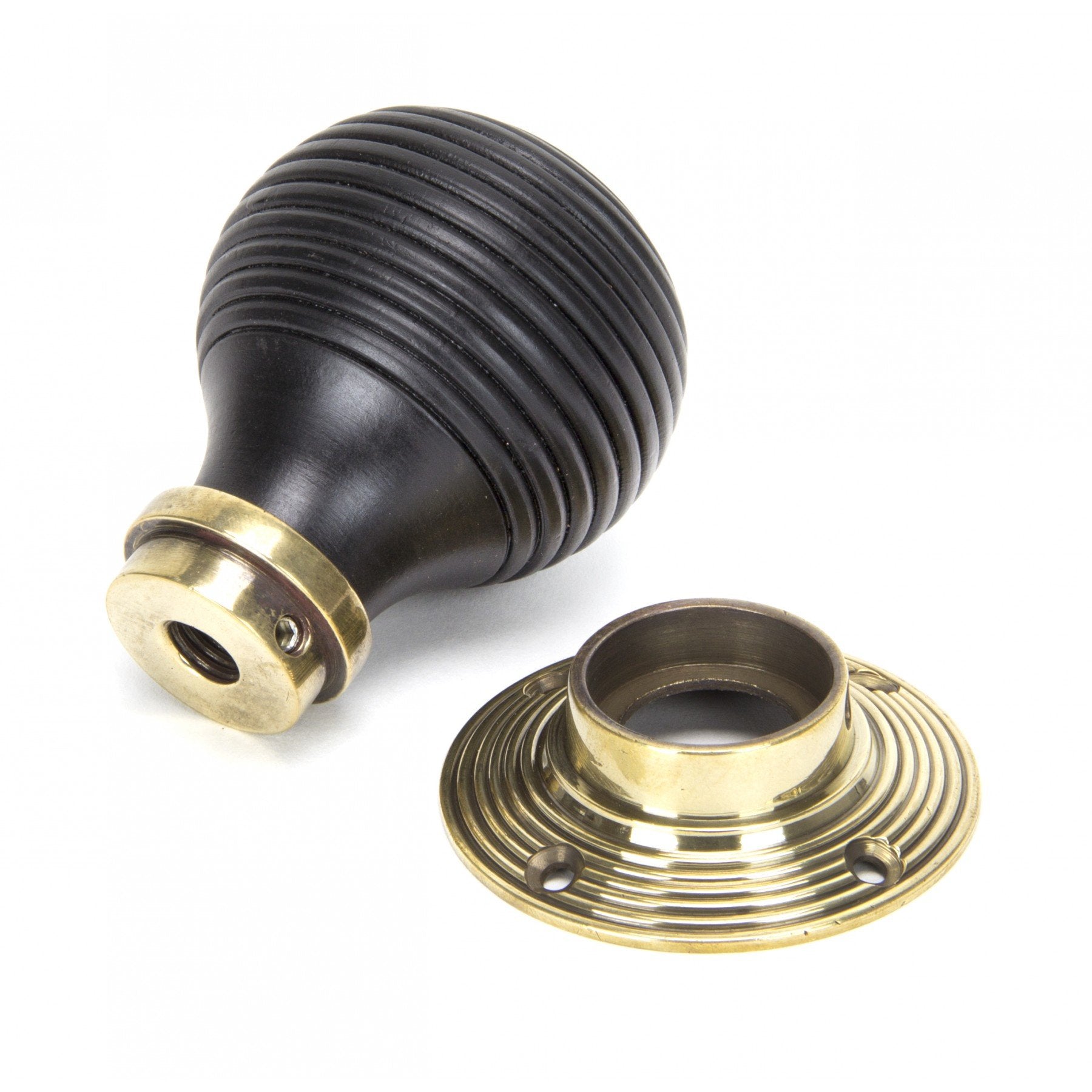 From the Anvil Ebony Mortice/Rim Beehive Knob Set - Aged Brass Roses