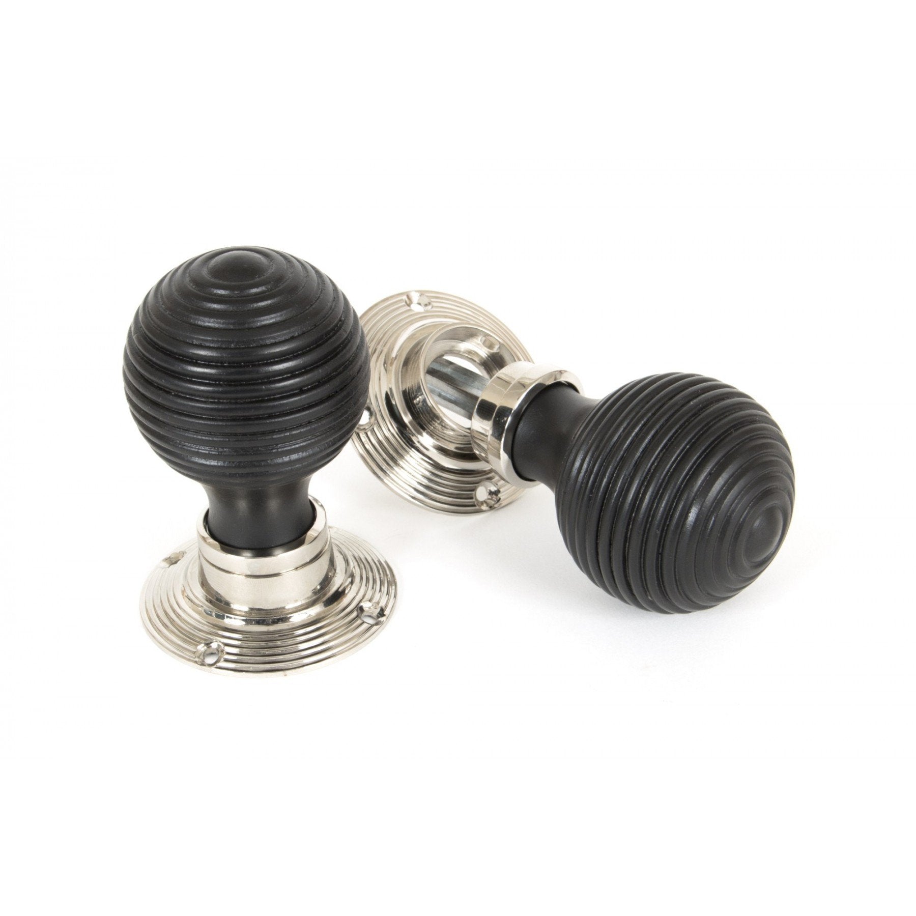From the Anvil Ebony Mortice/Rim Beehive Knob Set - Polished Nickel Roses - No.42 Interiors