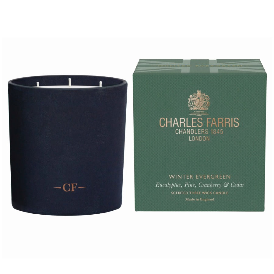 Charles Farris Winter Evergreen 3 Wick Scented Candle | Eucalyptus, Pine, Cranberry & Cedar