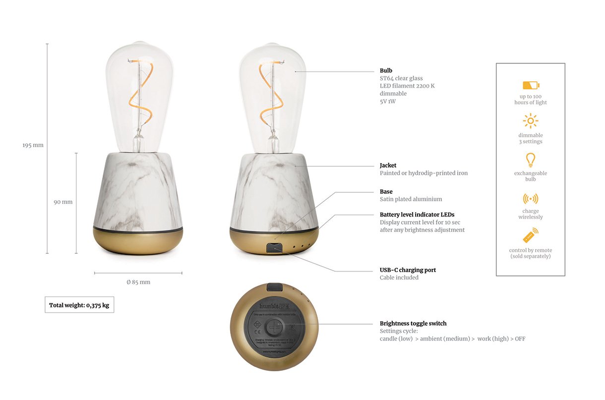 Humble One Light - White Marble - Satin Brass