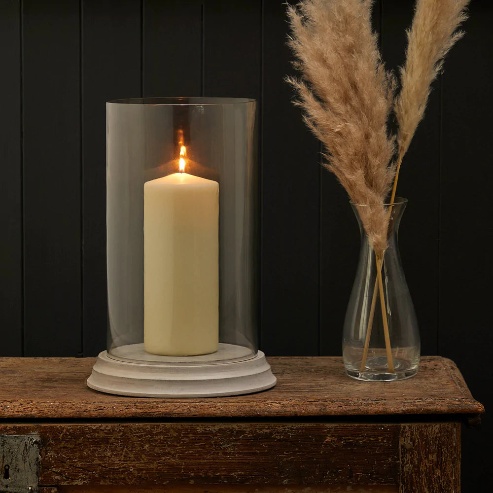 Pooky larger Gusto storm lantern base in natural whitewash with larger storm lantern glass cylinder